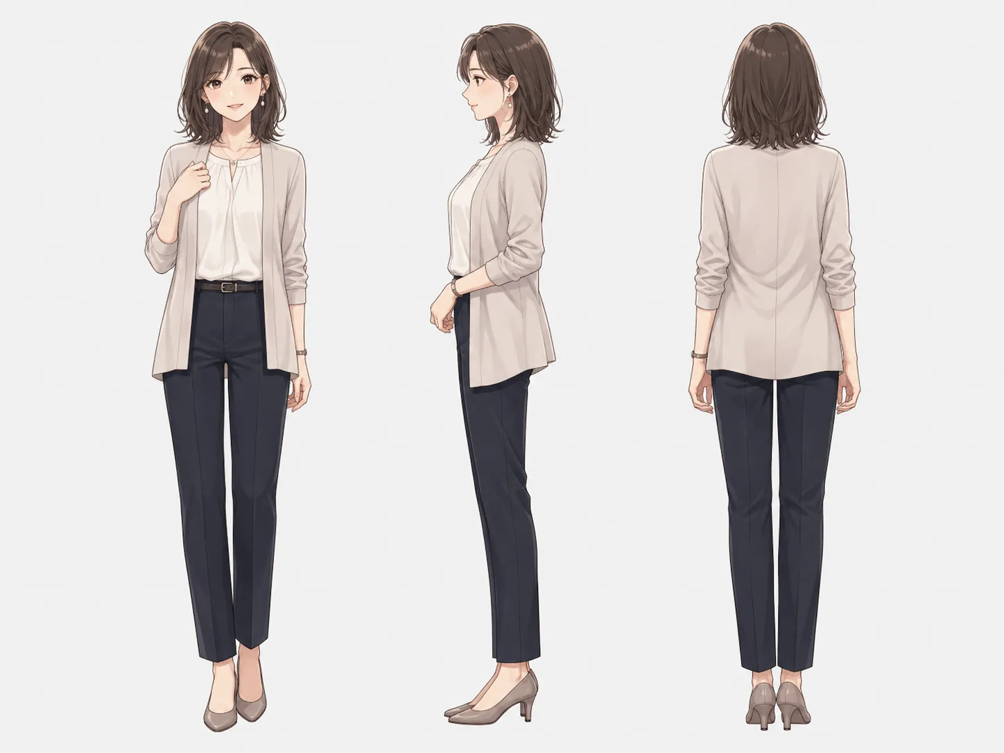 ベージュのカーディガンを着たミオの全身イラスト