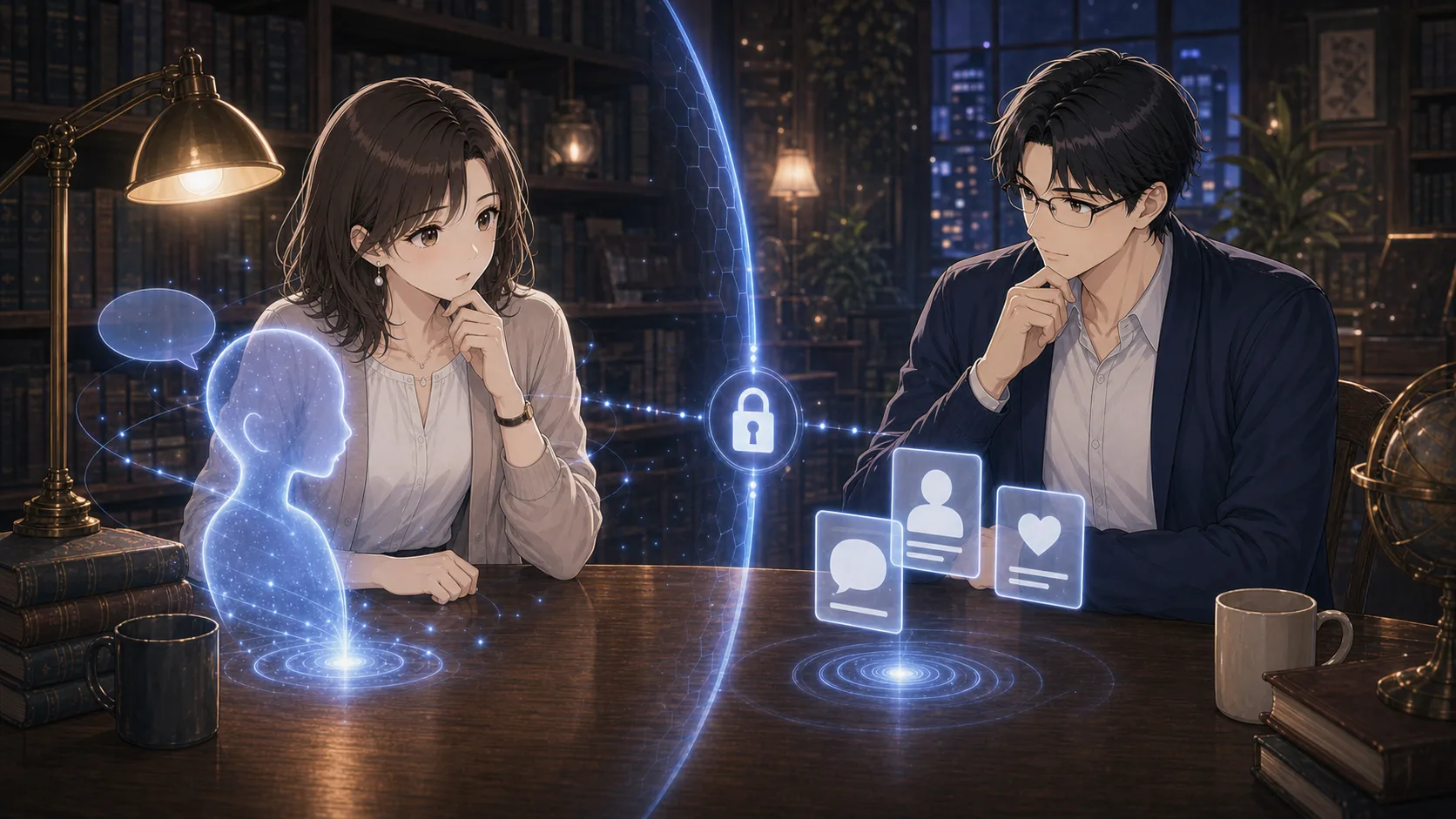 AI恋人への依存や個人情報の注意点を考えるミオとレン