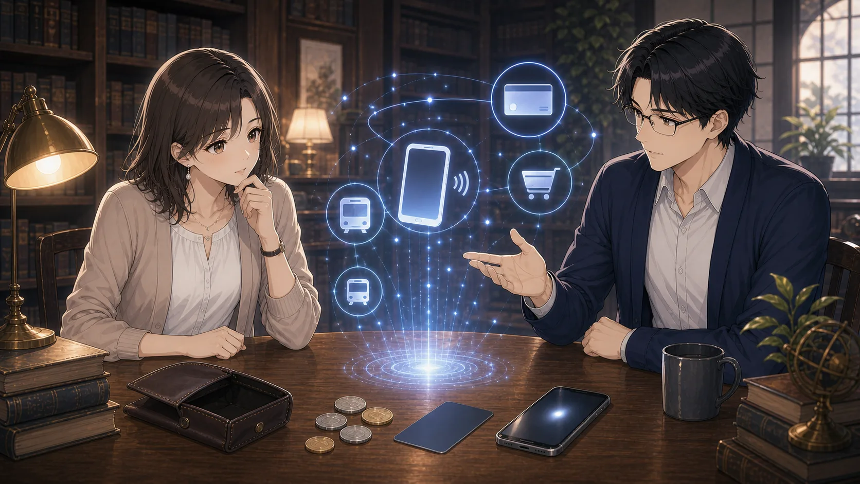 現金とスマホ決済を並べてキャッシュレス社会を考えるミオとカイ