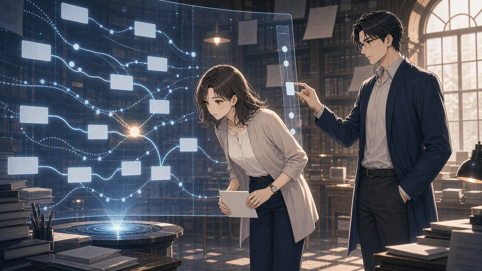 学習履歴の中のつまずきを見つけるミオとカイ
