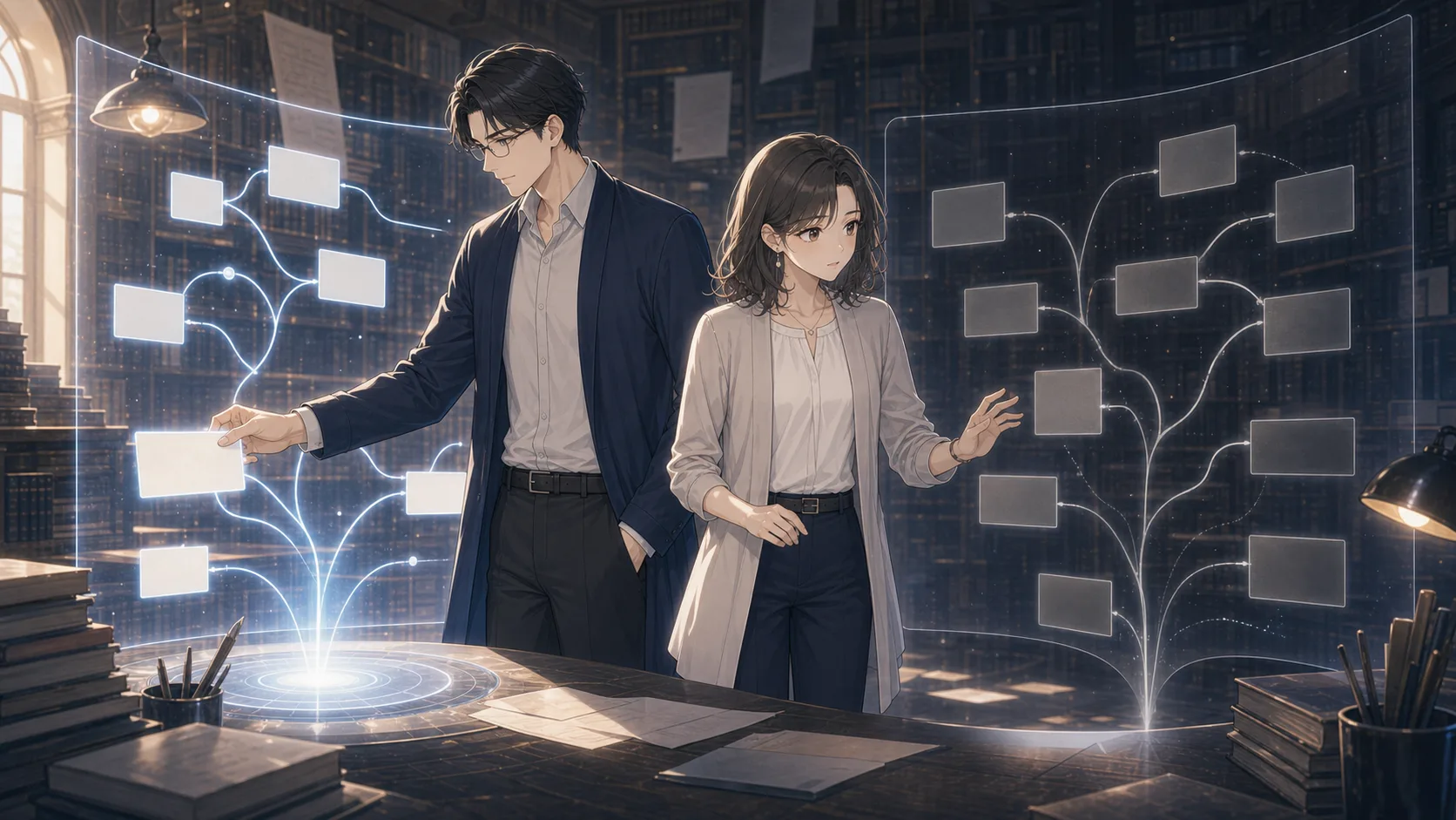 学び直しの光と決めつけの影を見比べるミオ