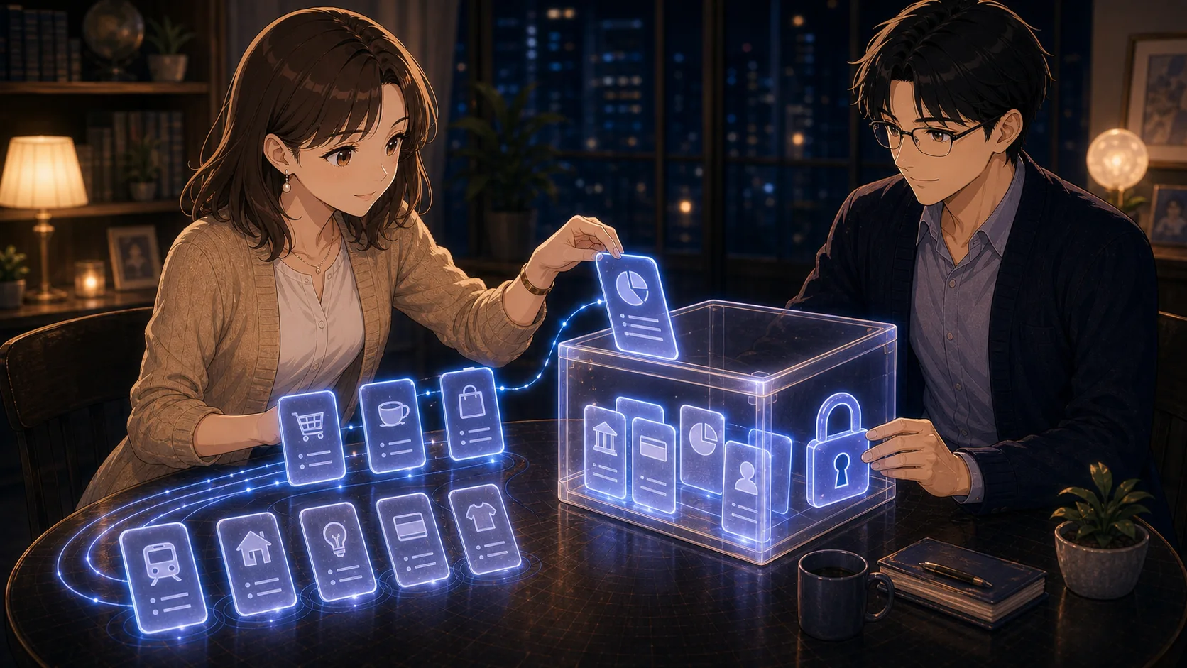 お金の履歴カードを透明な箱にしまう場面