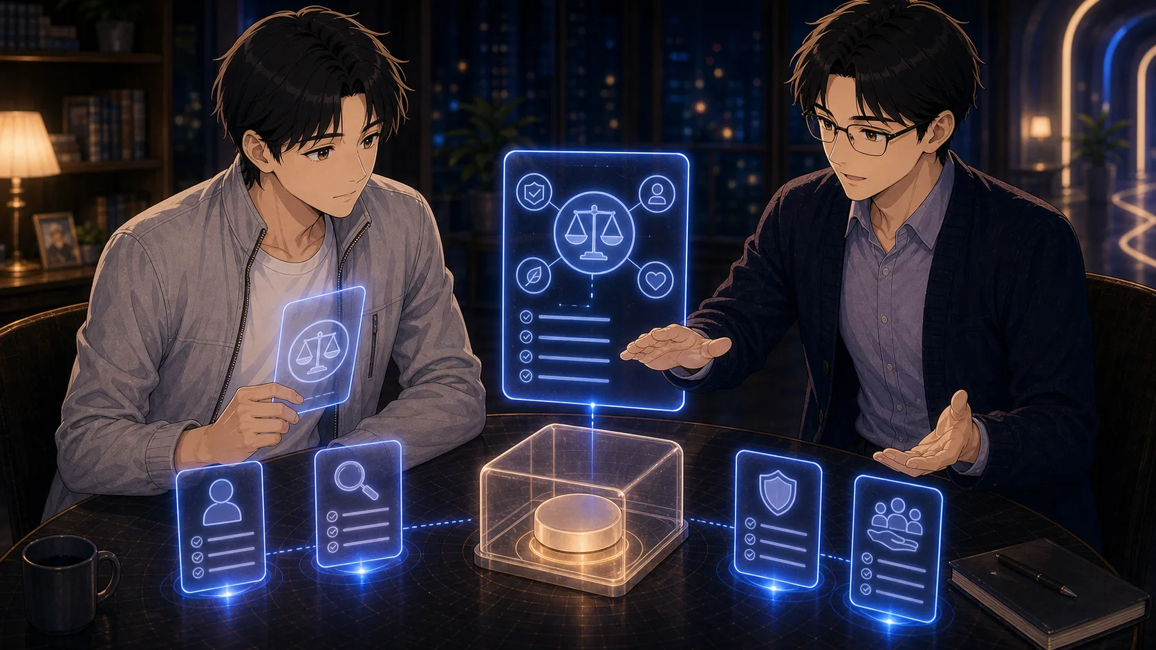 AIの提案カードの前で金融判断を立ち止まって確認する場面