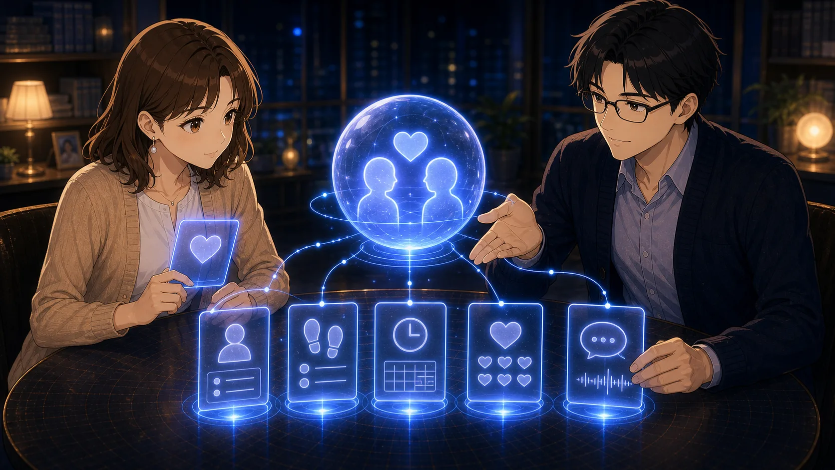 相性スコアの裏にデータカードが並ぶ場面