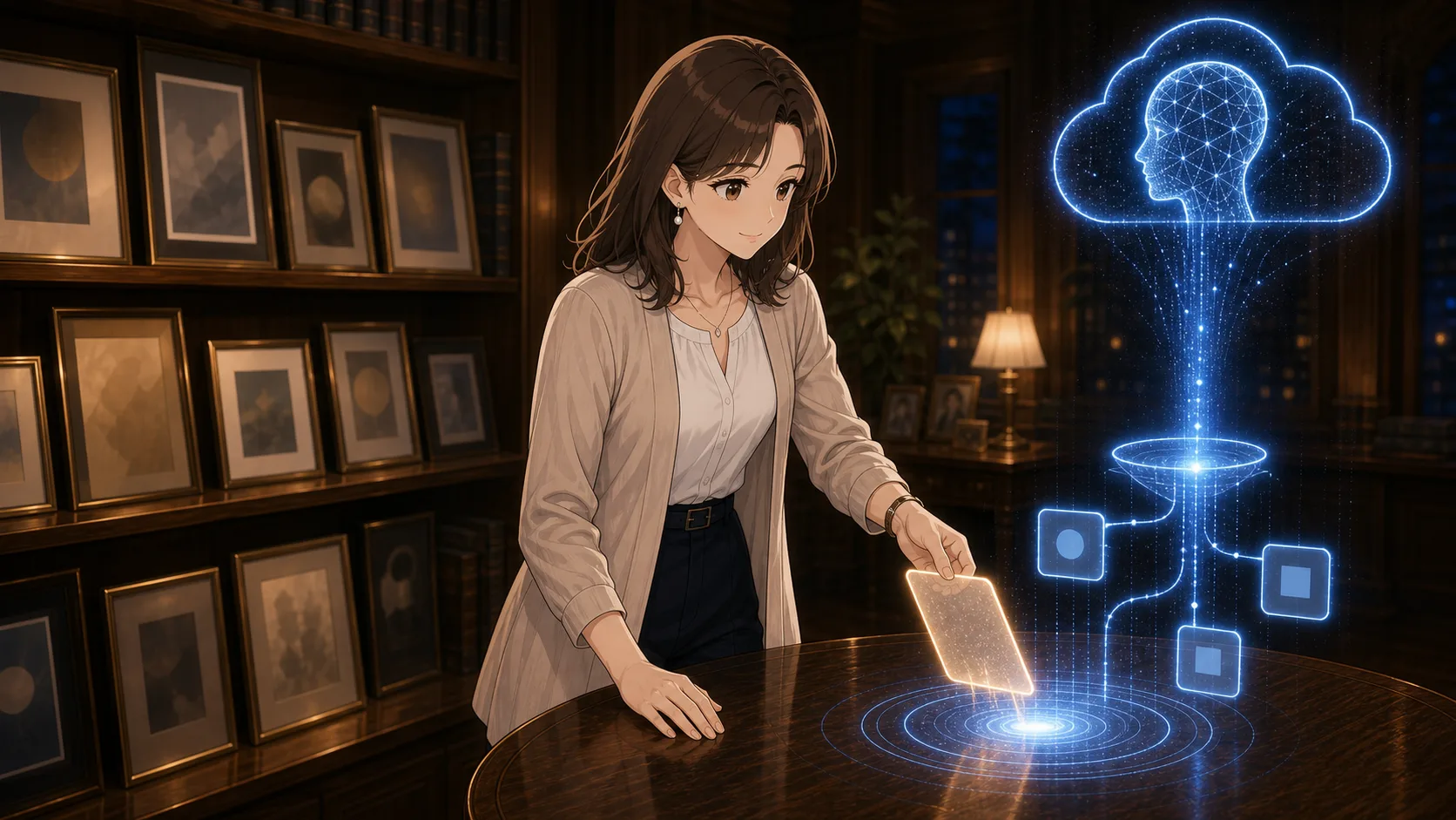 既存作品をAIに入れる前に確認カードを差し込むミオ