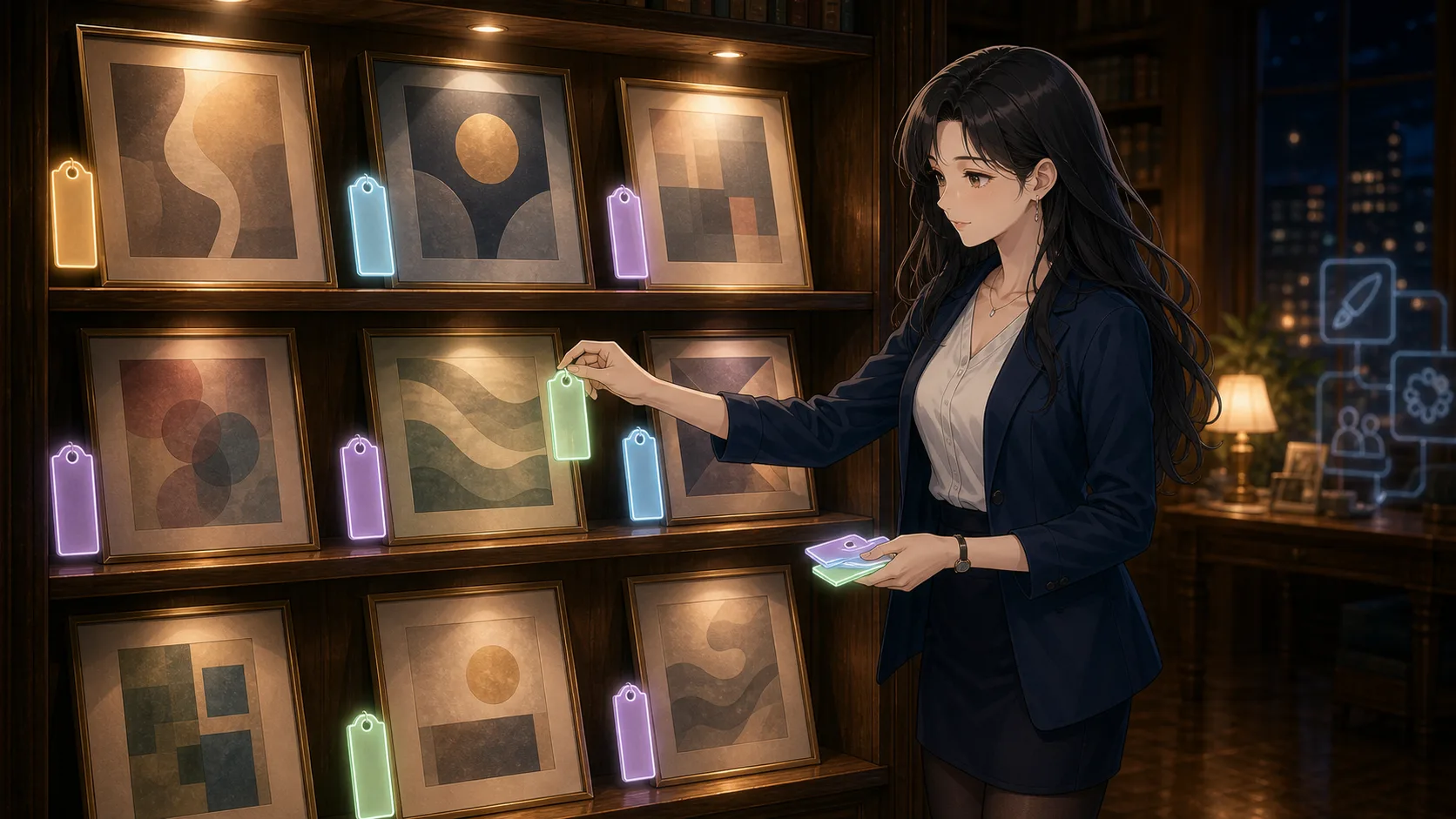 作品棚に利用条件の小さな札を添えるノア