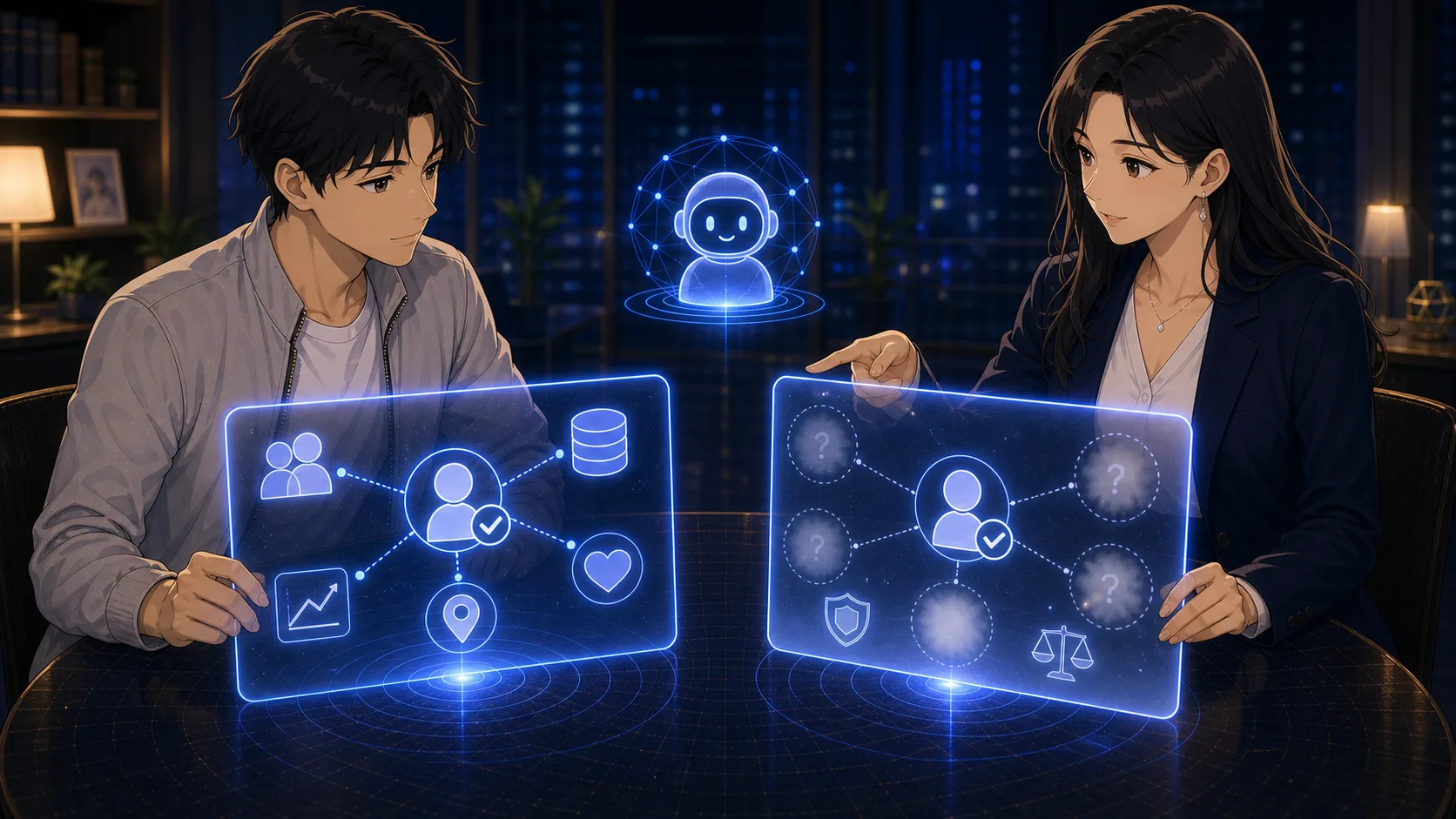 説明カードをレンとノアが見比べる場面