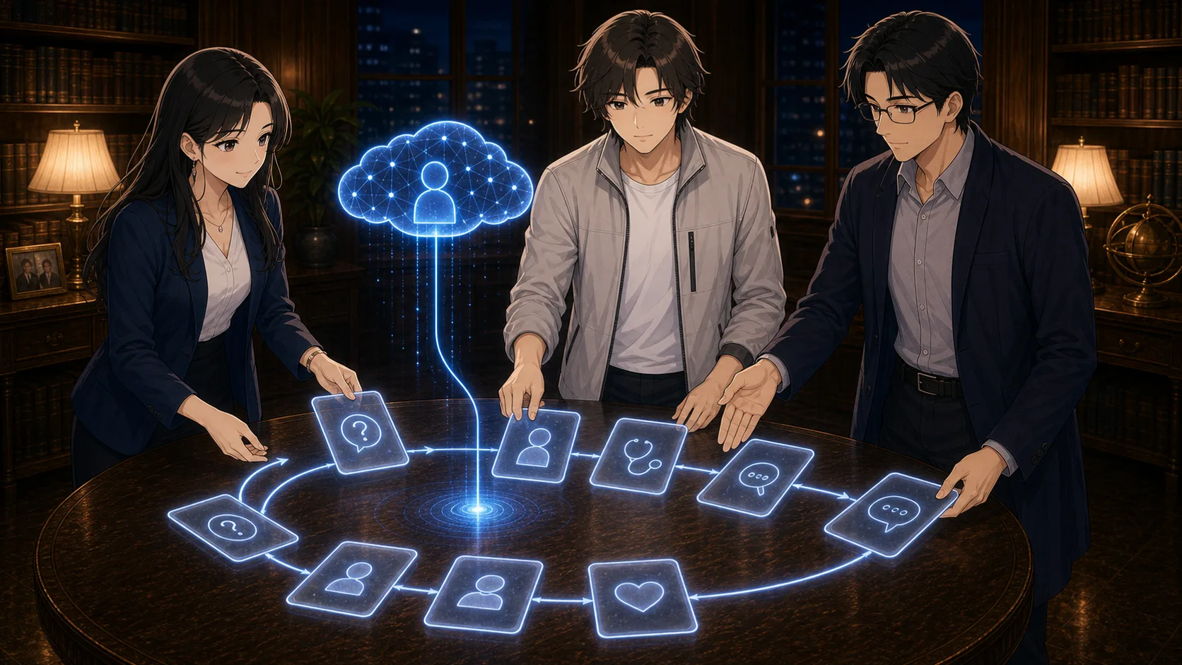 五つの質問カードを未来ログに置くノア