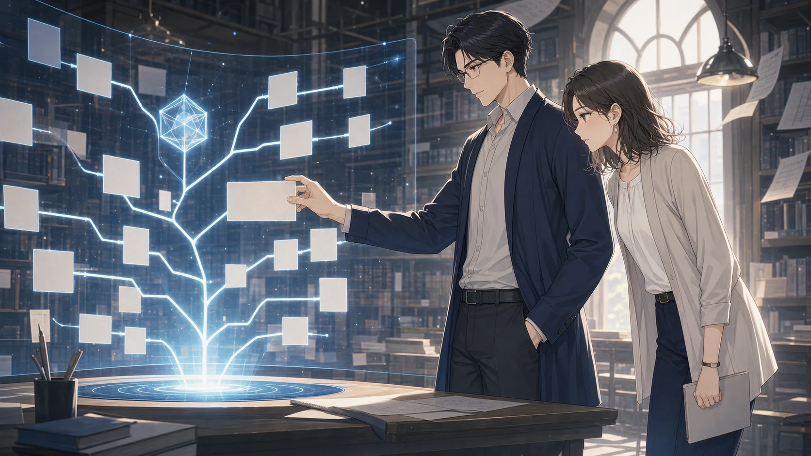 AIが学習カードを並べ替える未来を見るミオとカイ