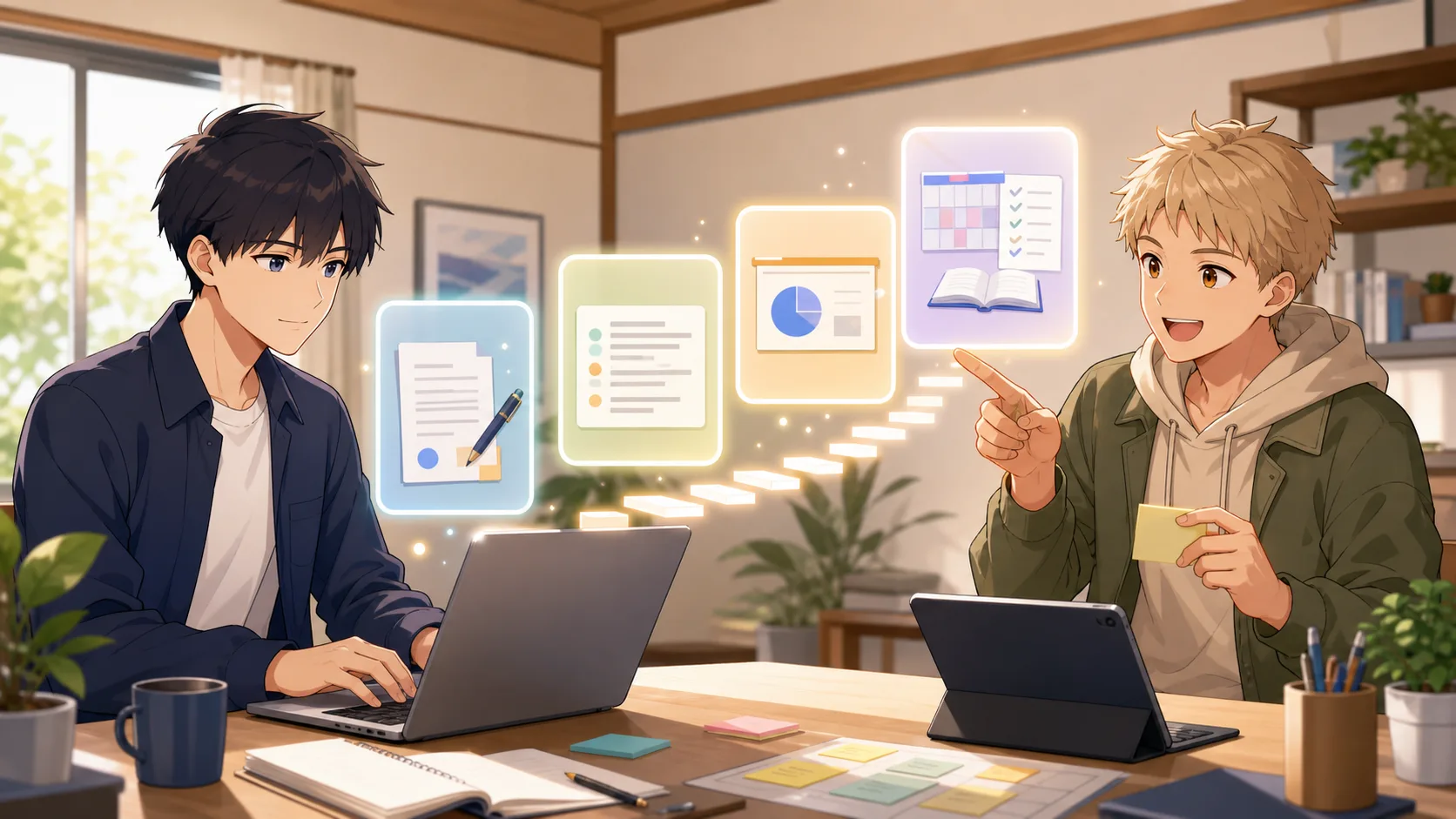 AIの光が資料や学習カードを整える場面