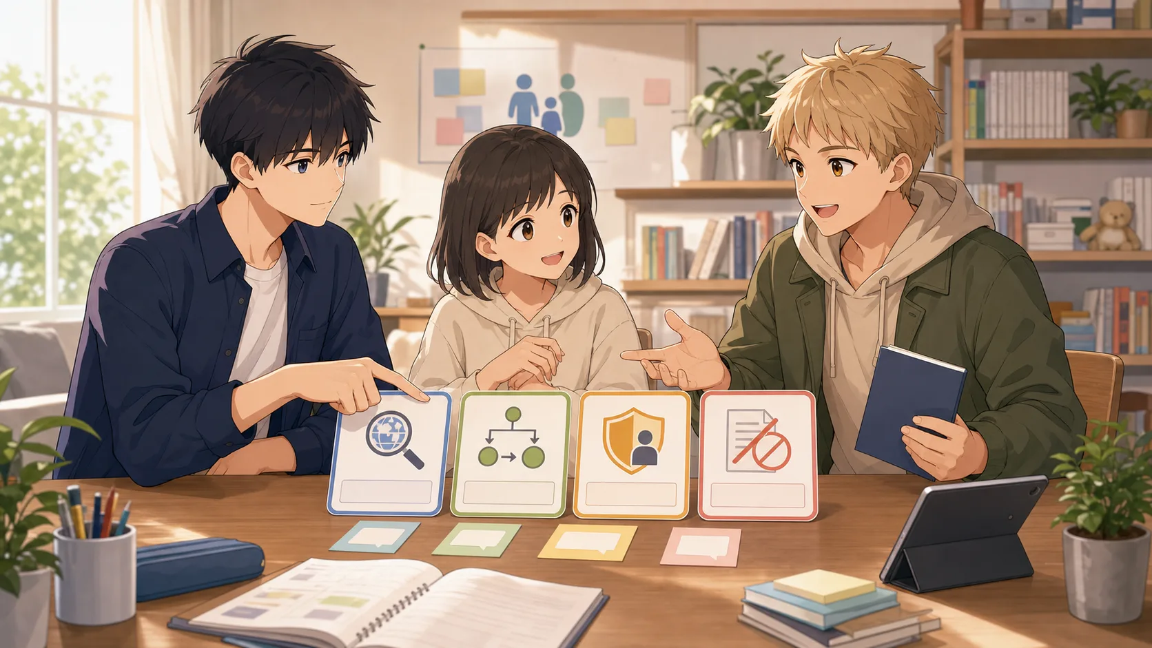 宿題とAIの使い方ルールを見るミオとレン