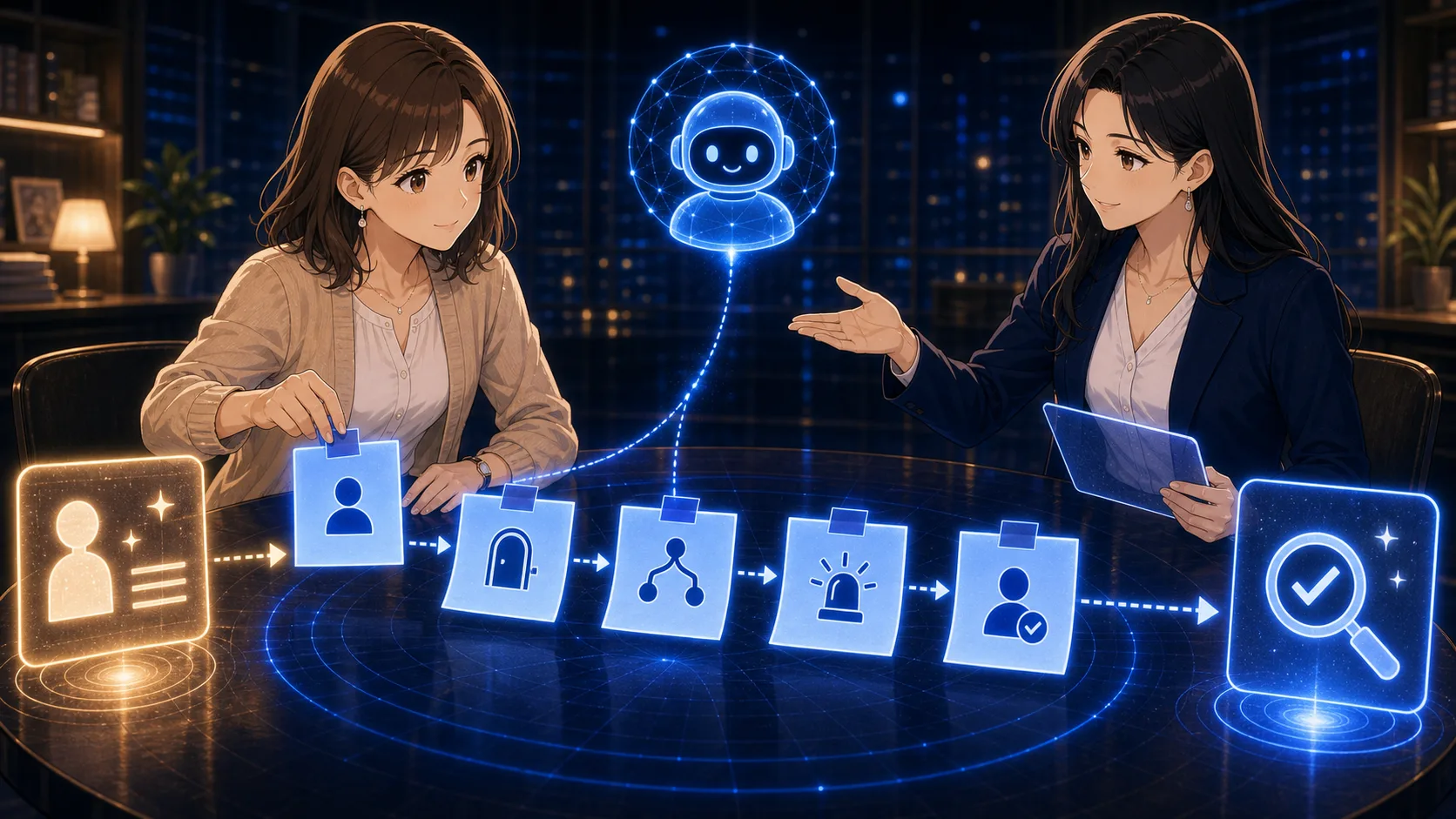 青い付箋の確認リストを貼る場面