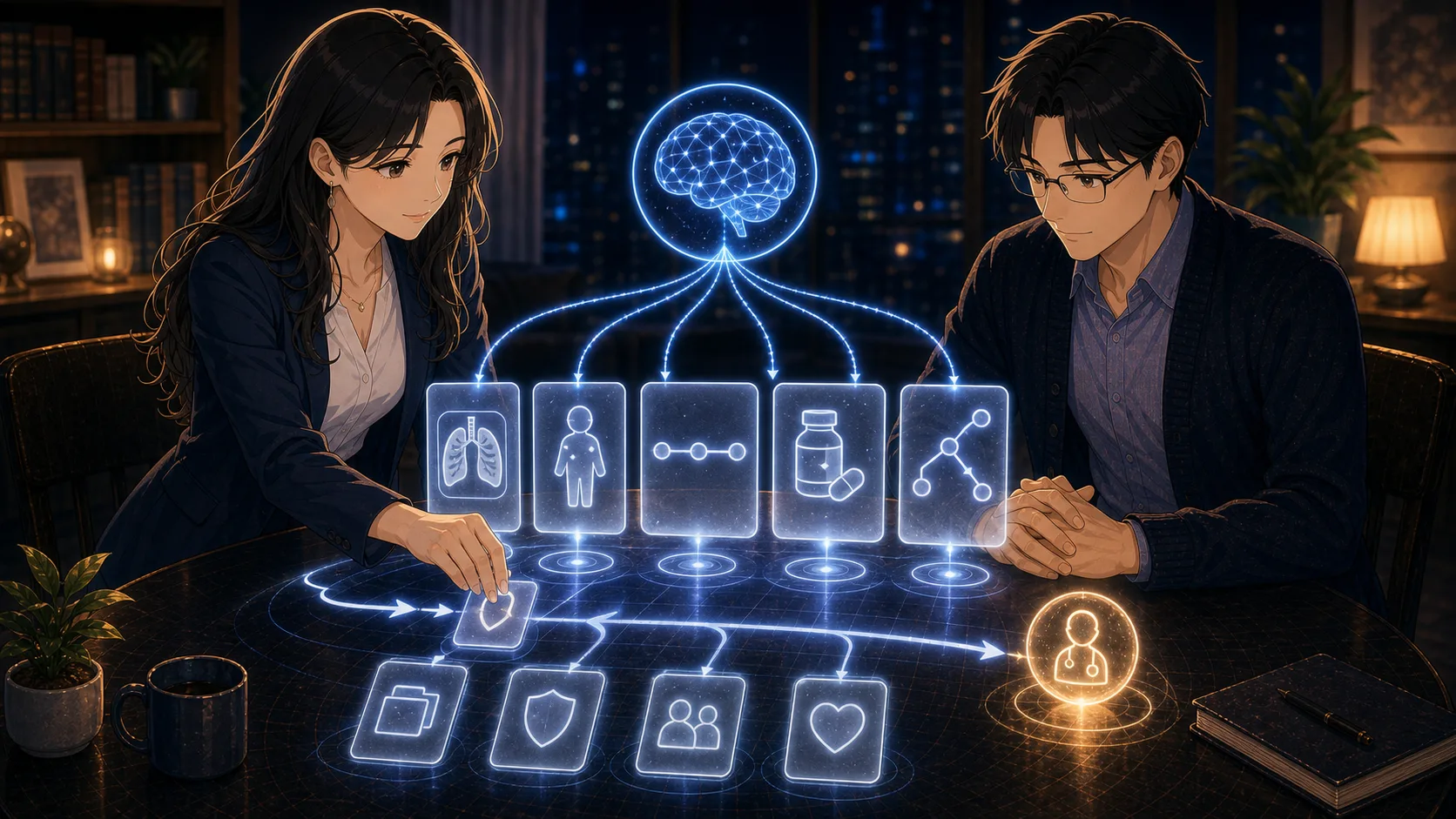 医療AIが情報カードを整理し人が確認する場面