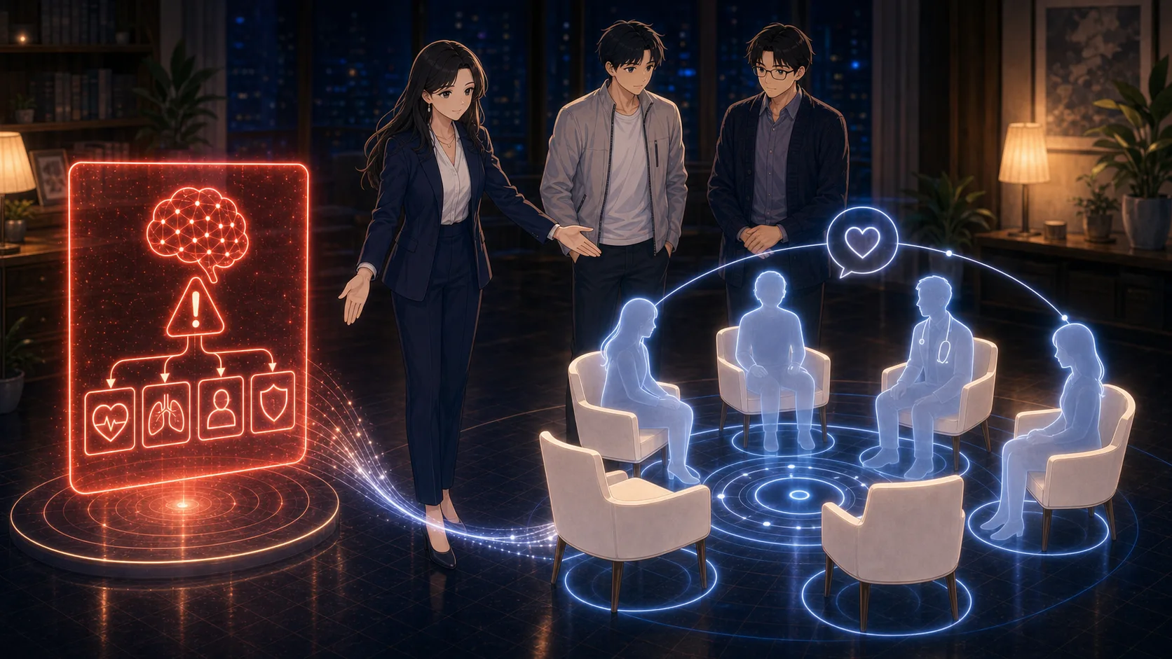 AIの通知の後に人が話し合うための白い椅子が並ぶ場面