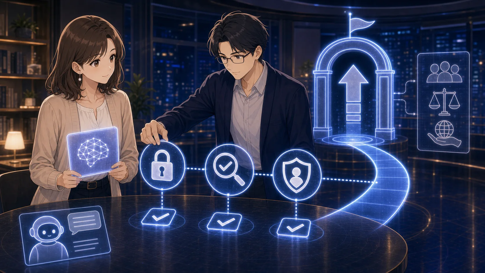 ミオがAI出力を公開前に確認する場面