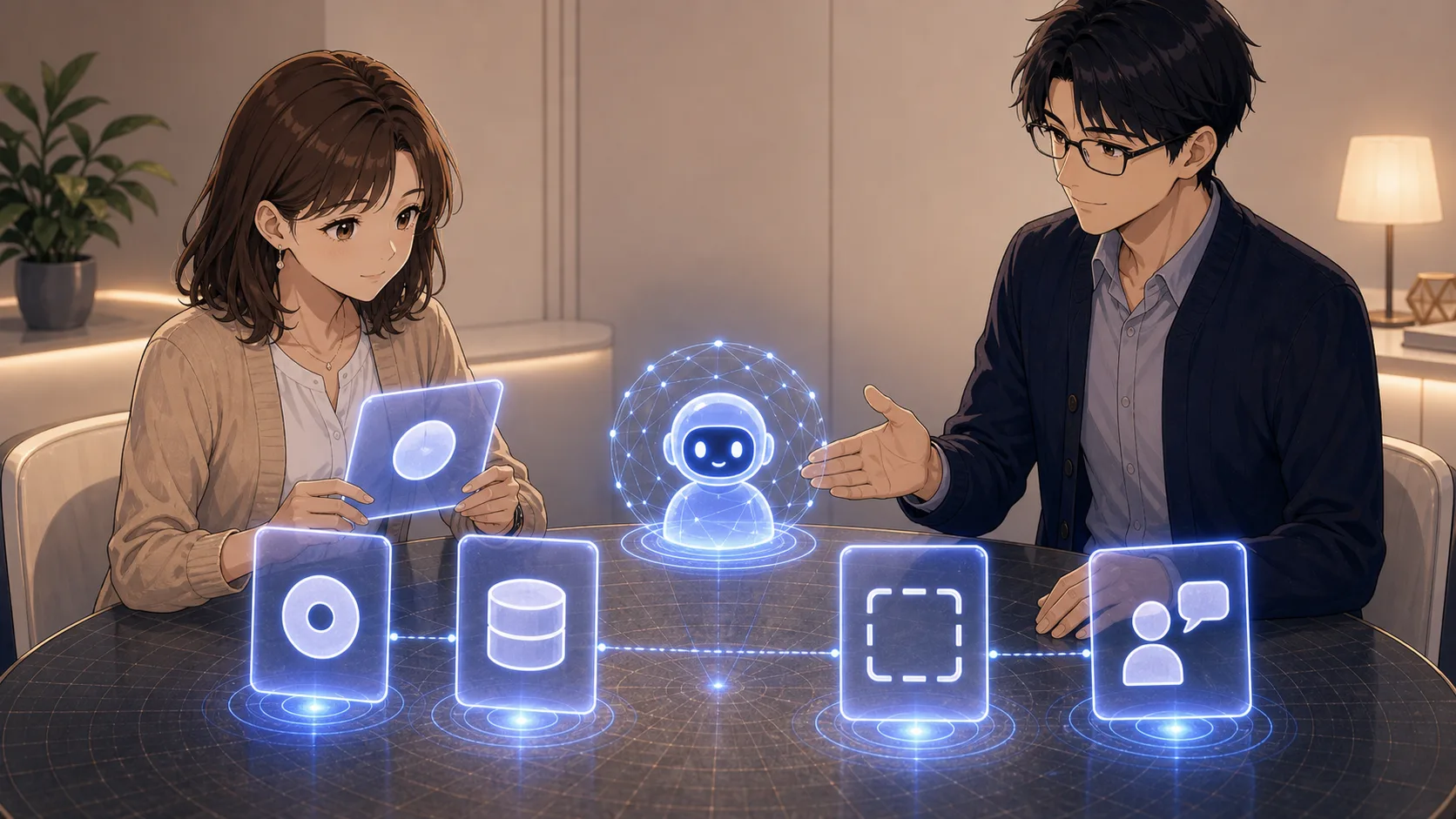 AI利用の目的カードをミオが確認する場面