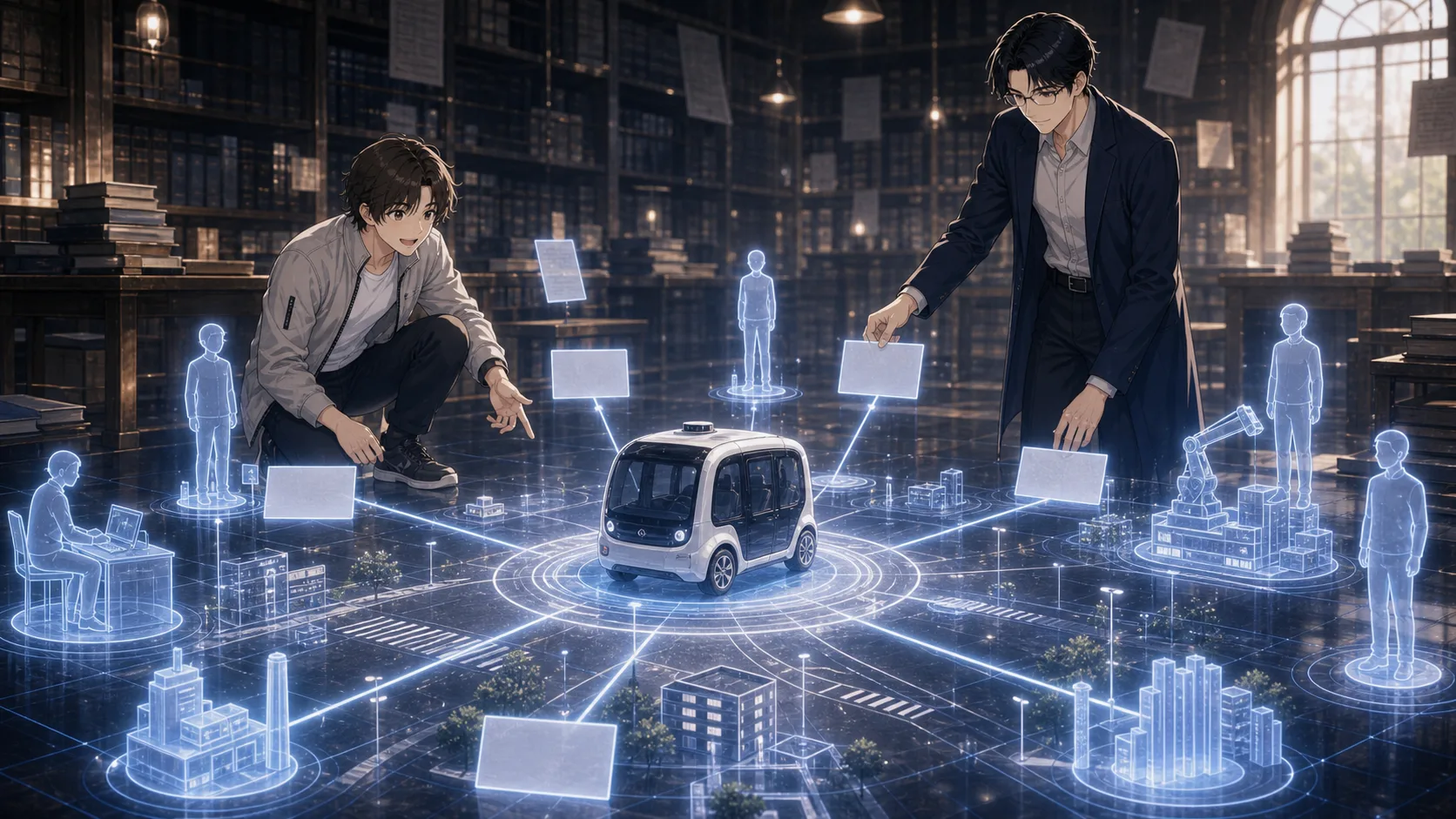 自動運転車を支える関係者の線を整理するレンとカイ