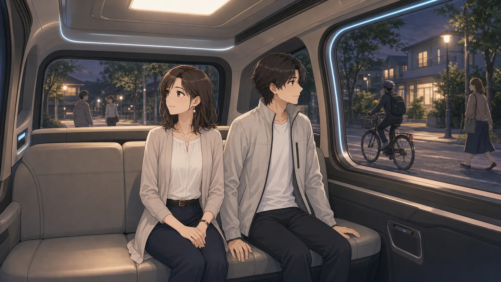 自動運転車が止まった理由を待つミオとレン