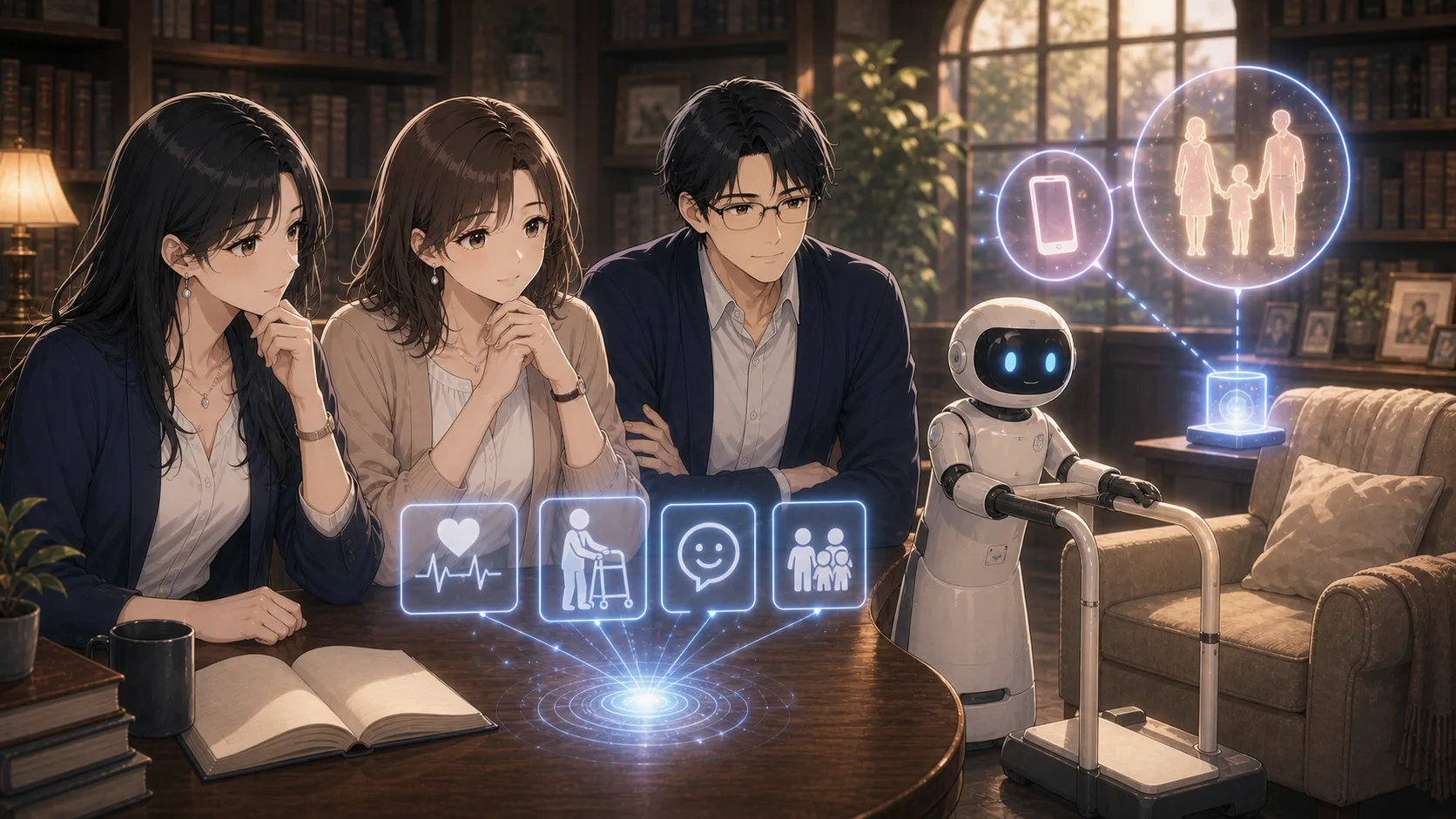 介護ロボットのメリットについて考えるノアたち
