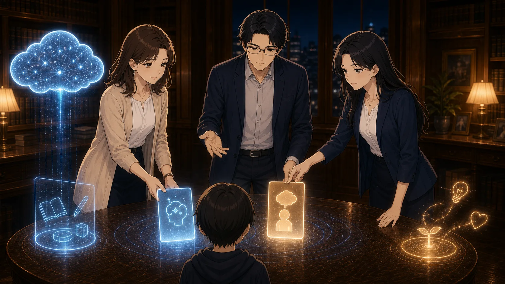 生成AI画面と家庭ルールカードを見比べるミオとカイ