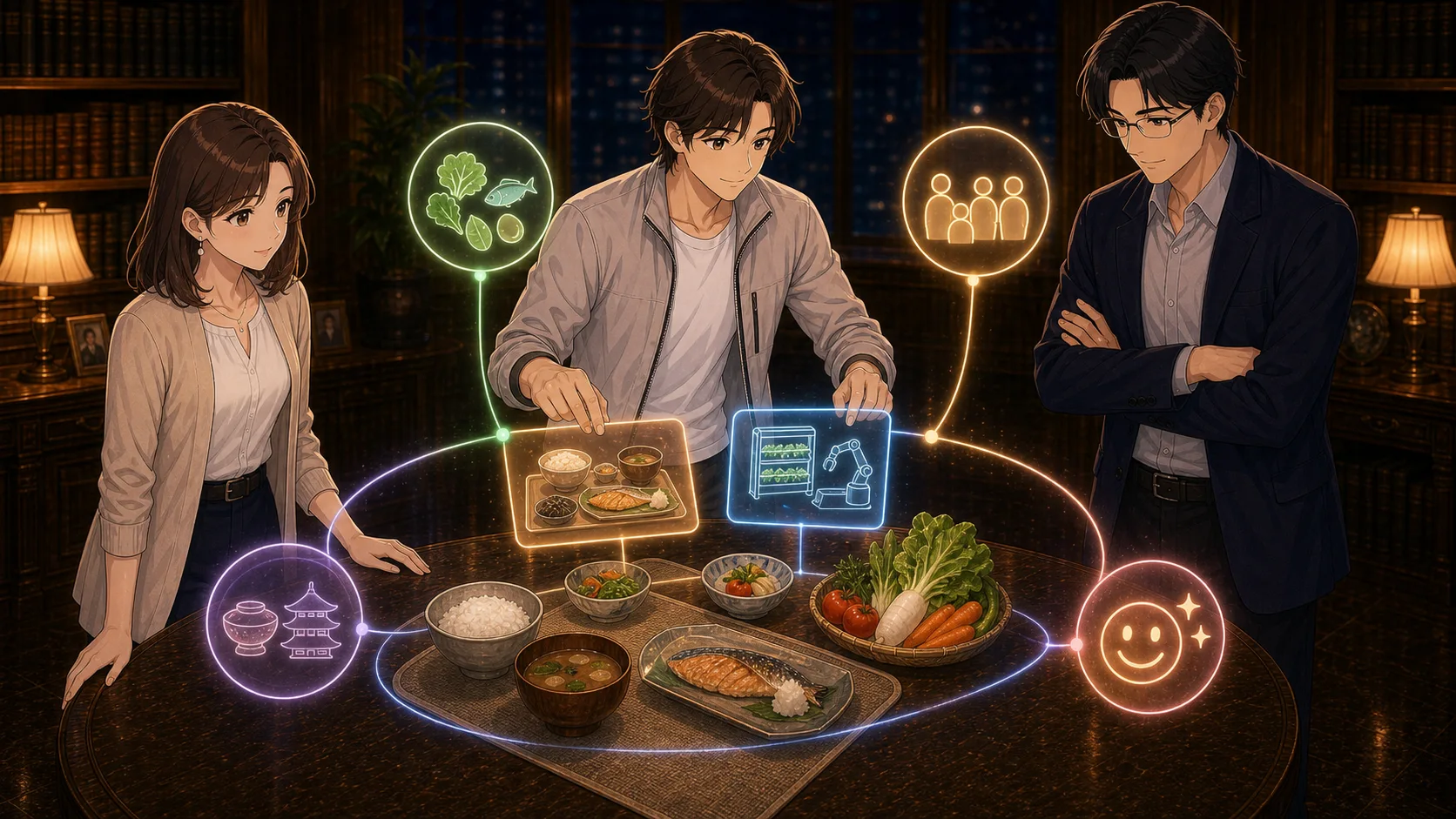 効率の光と食卓の温かい光を並べる場面