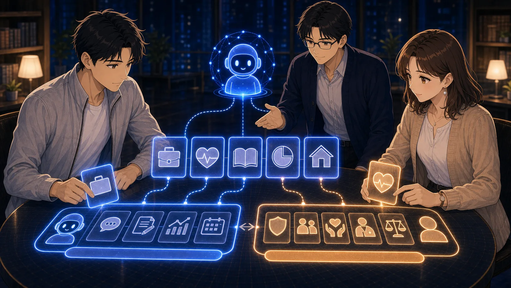 五つの生活場面カードをレンとミオが分類する場面