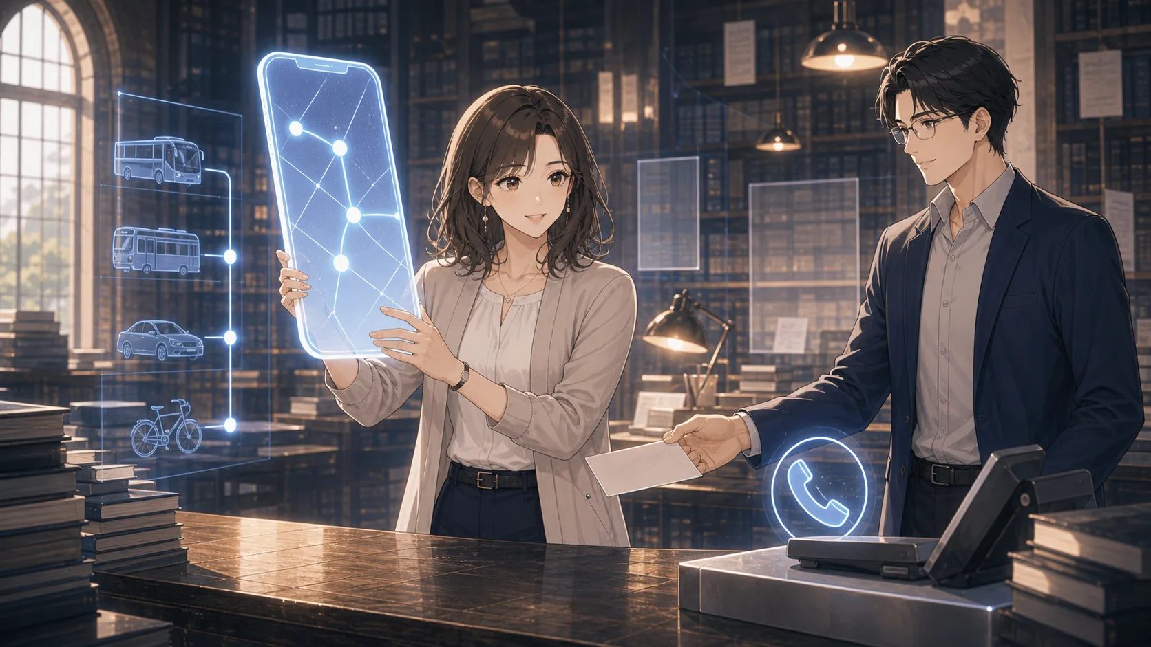 スマホと相談窓口の二つの使い方を見るミオとカイ