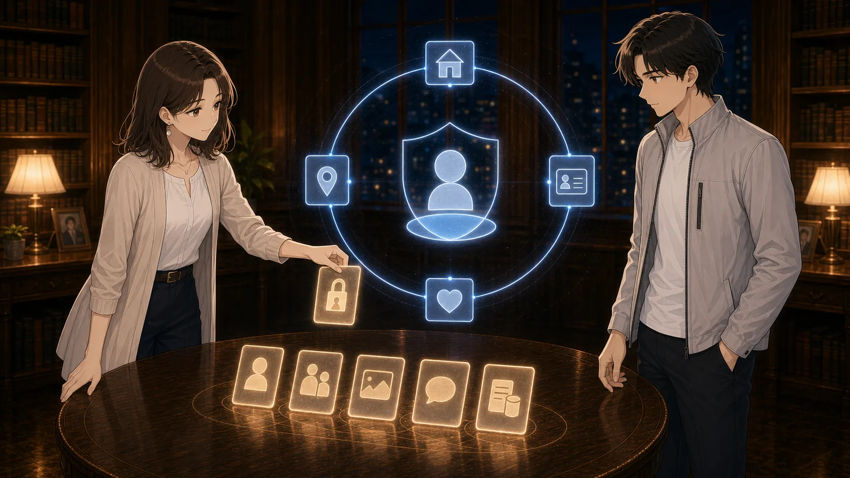 相性スコアと個人情報カードを見比べるミオとレン