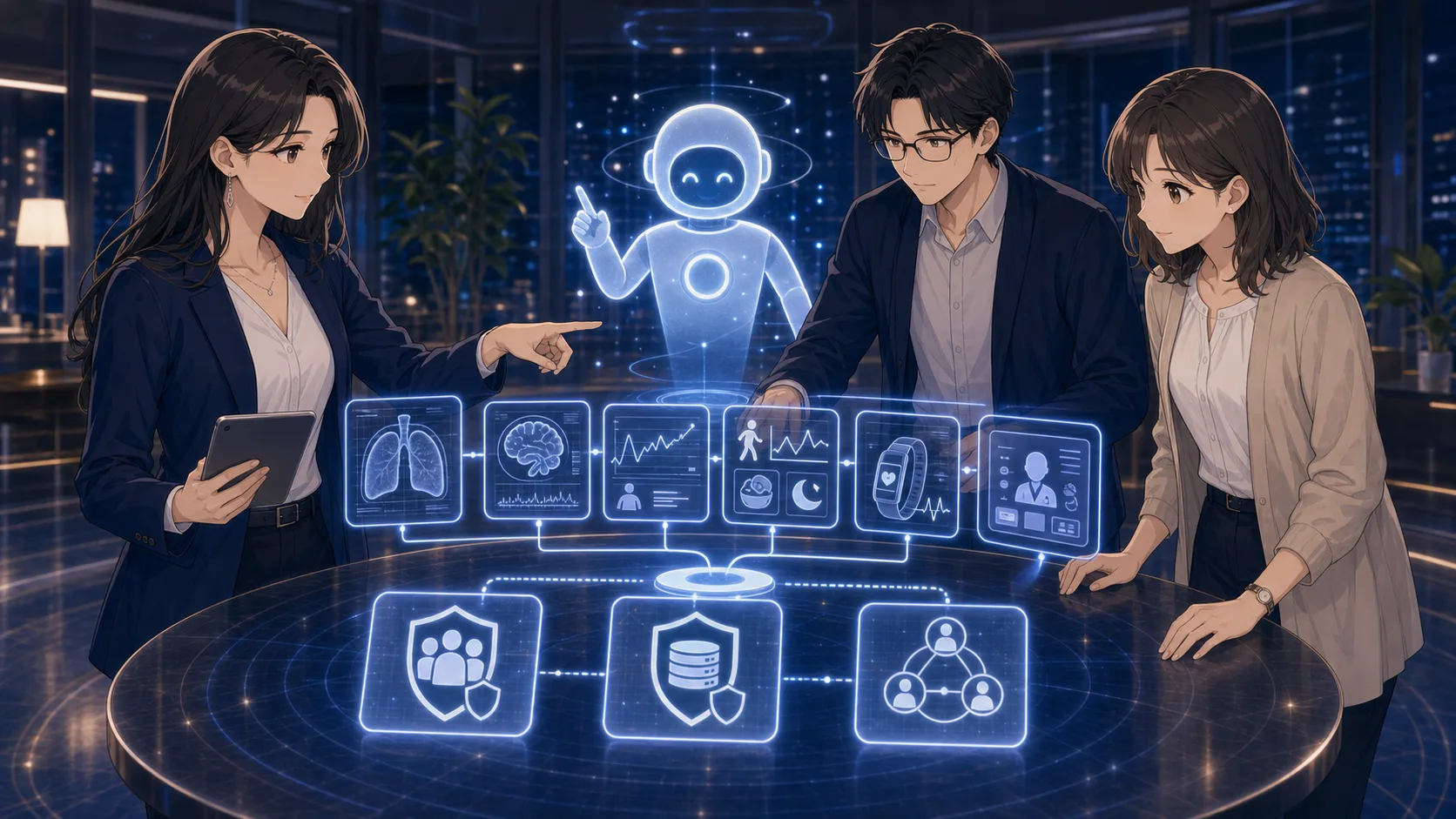 医療AIの光が検査カードと生活記録を整理する場面