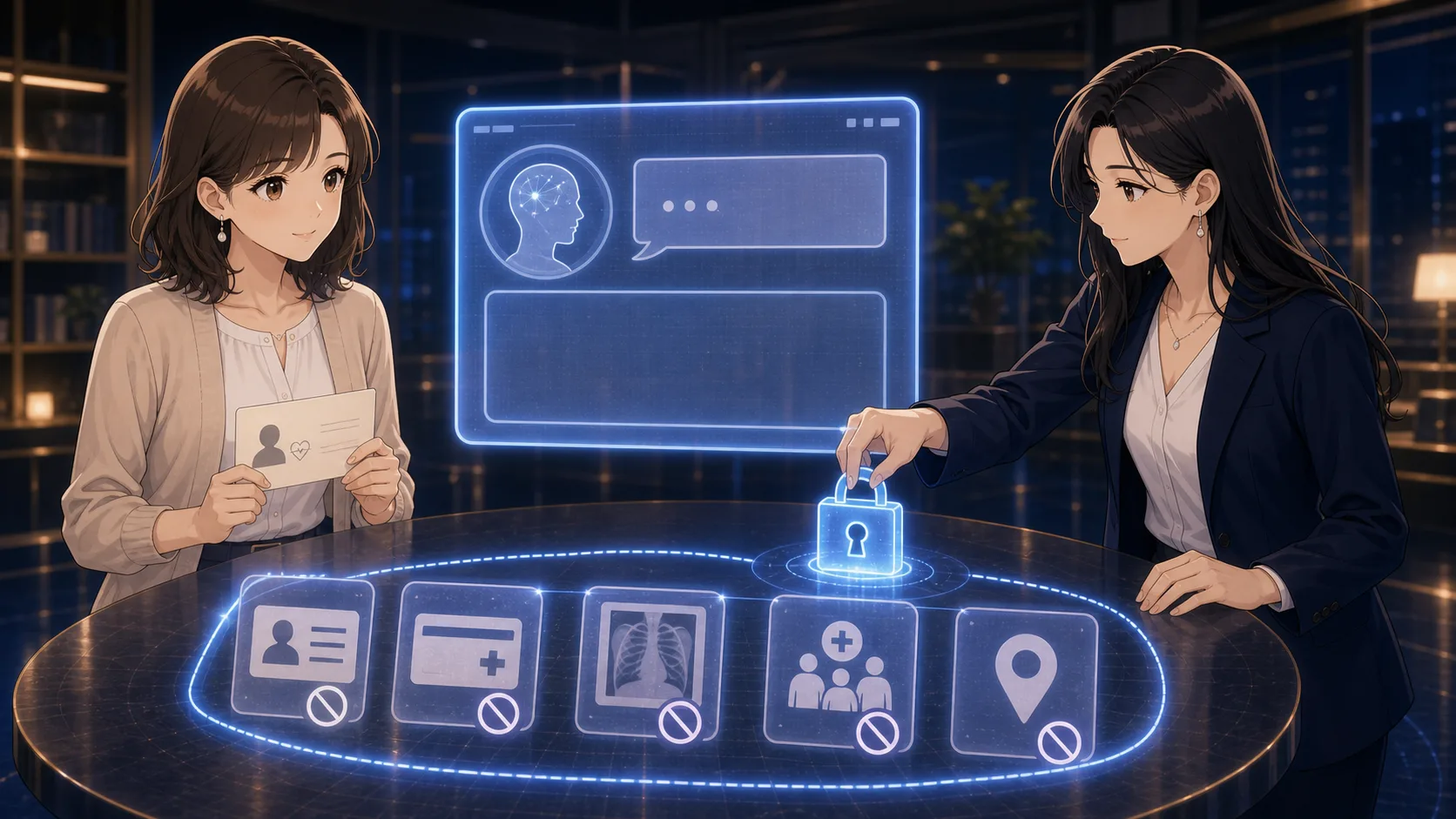 AI入力欄の前に個人情報を守る鍵が置かれる場面