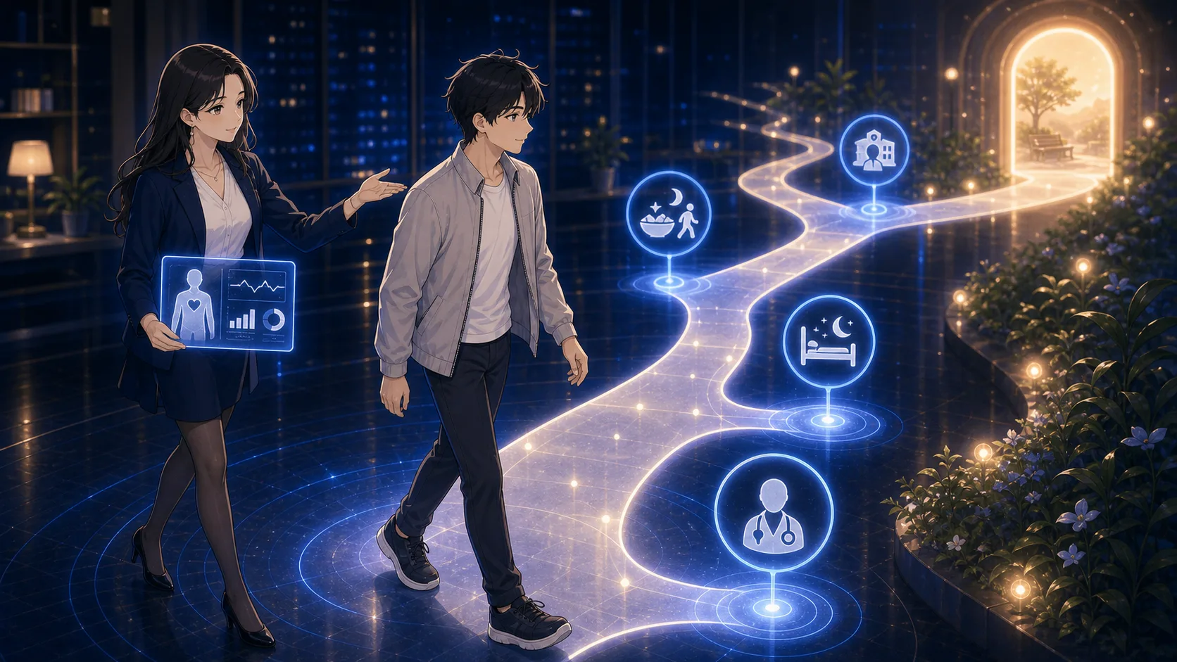 予防の光が細い道を照らす場面