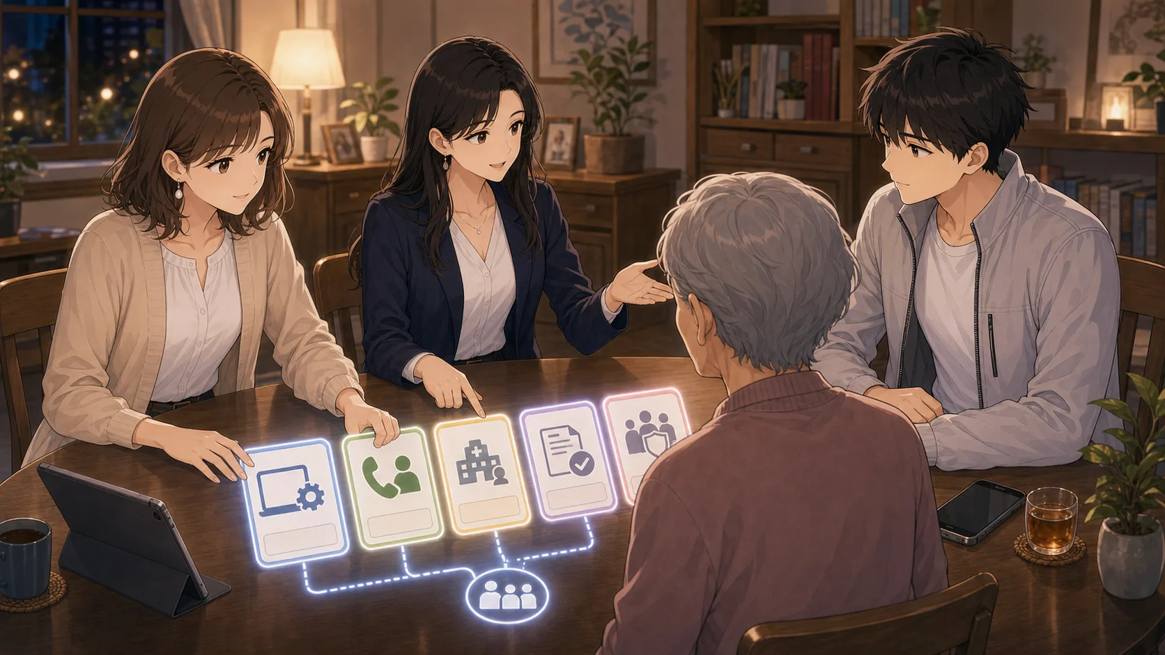 家族で確認カードを並べる場面
