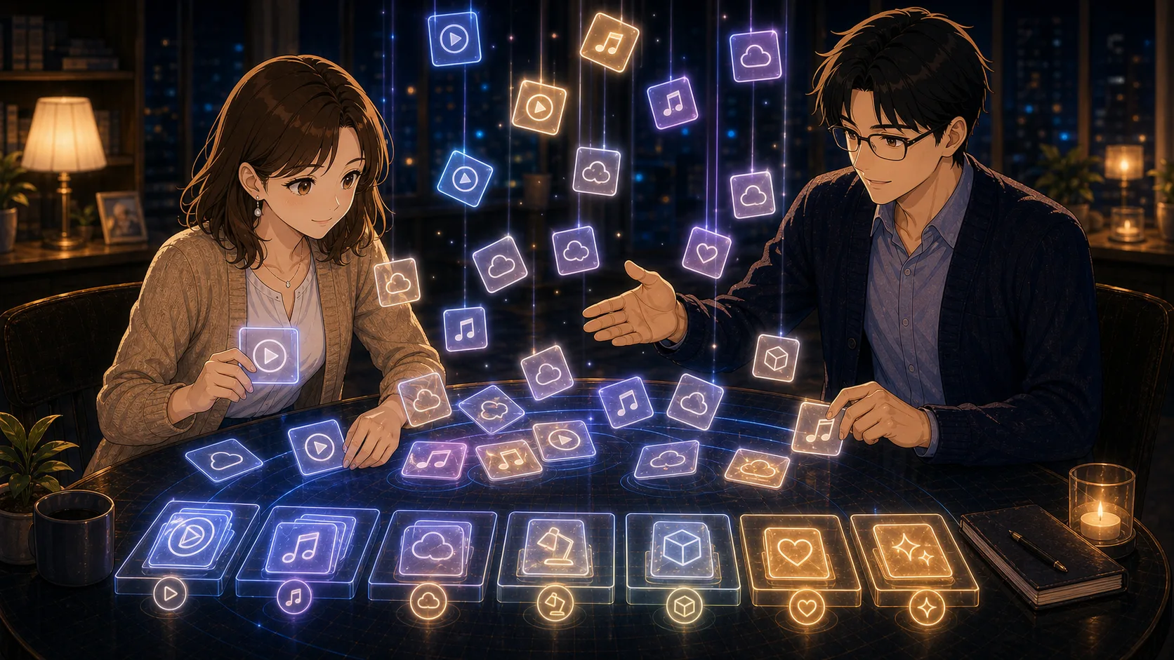 サブスクの支払いカードが雨粒のように並ぶ場面
