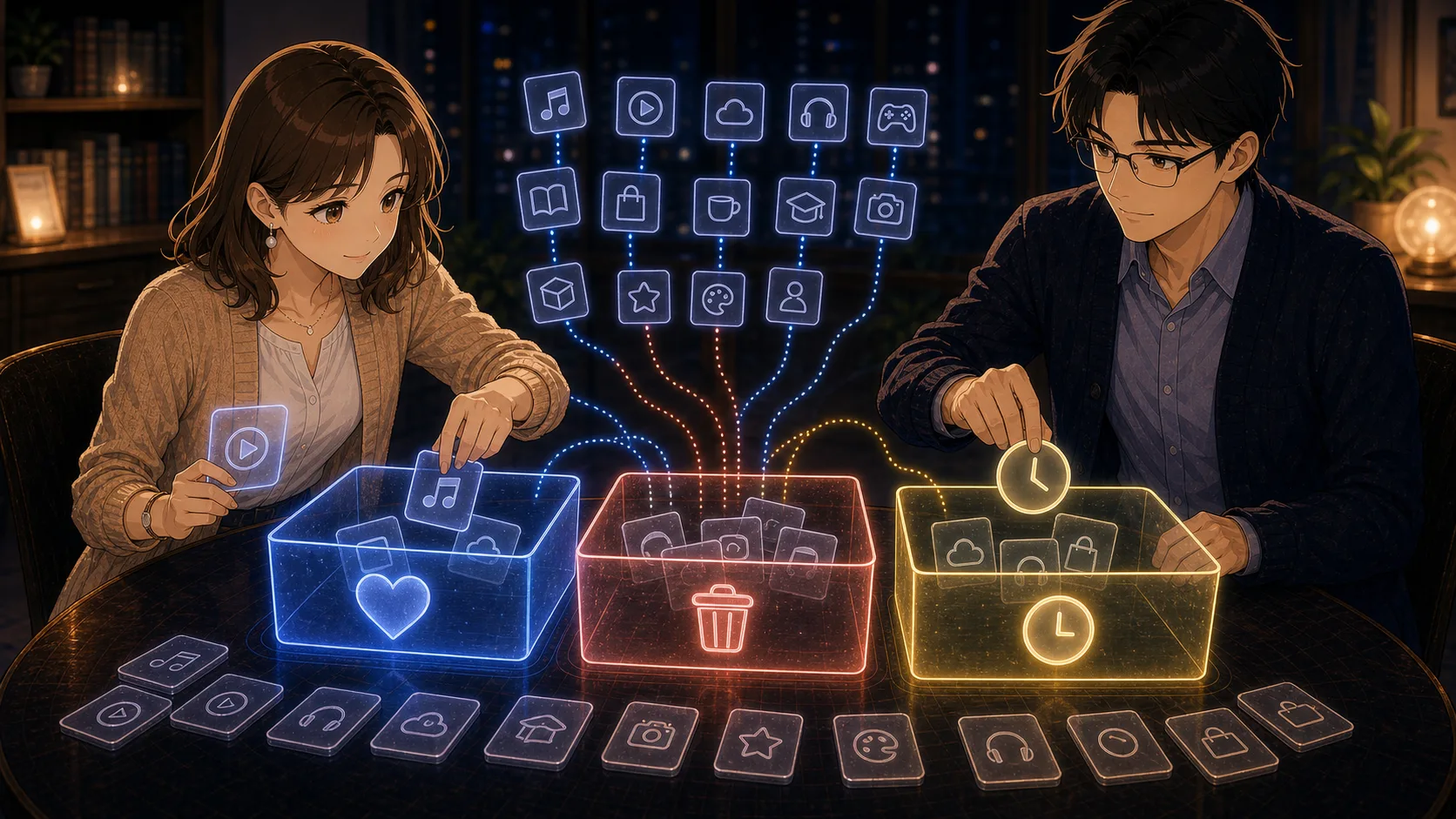 サブスクを残す止める保留の三つに分ける場面