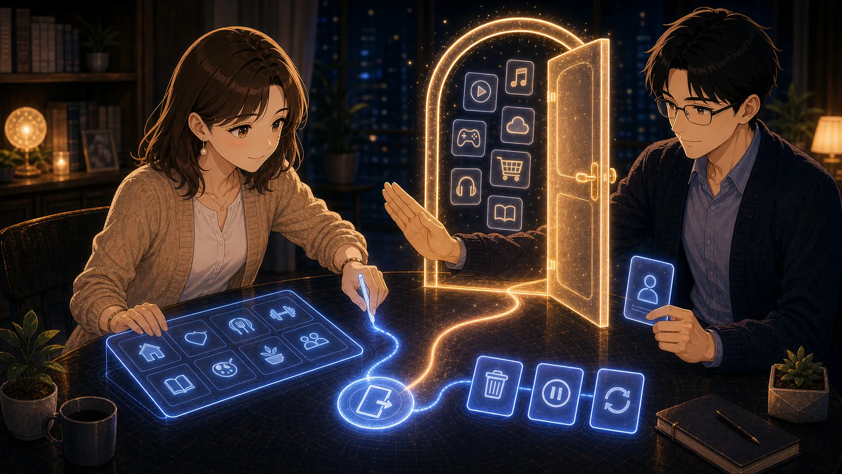 便利なサブスクの横に戻れる道を描く場面