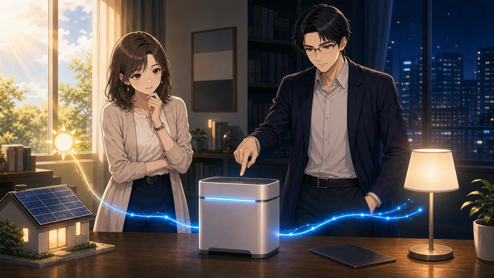 蓄電池で電気の時間をずらす場面