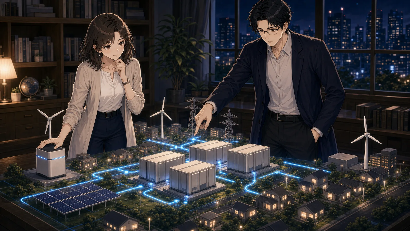 系統用蓄電池が街の電気を支える場面