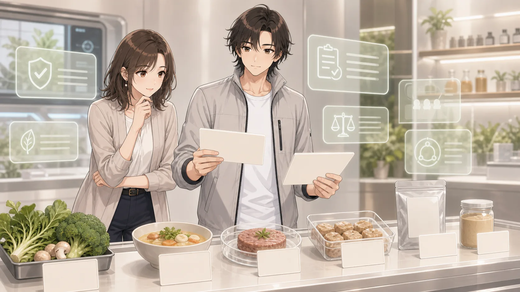 未来の食で安全性と表示を確認する場面