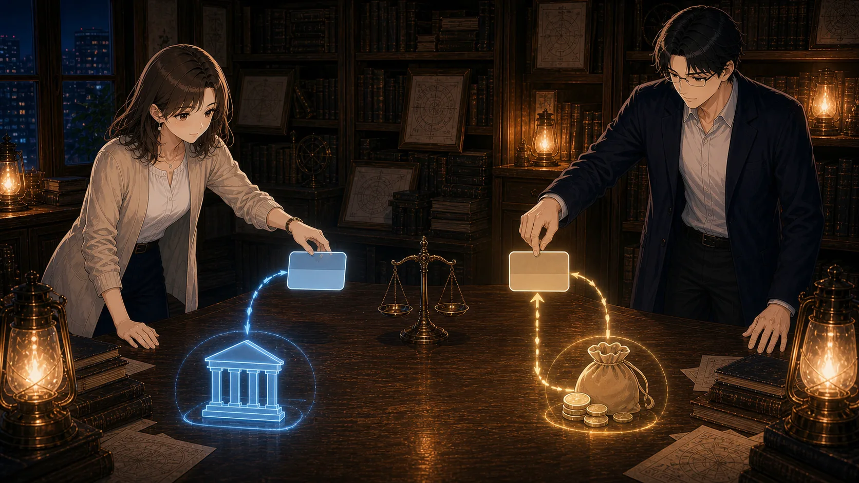 デビットカードとプリペイドカードを比べる場面
