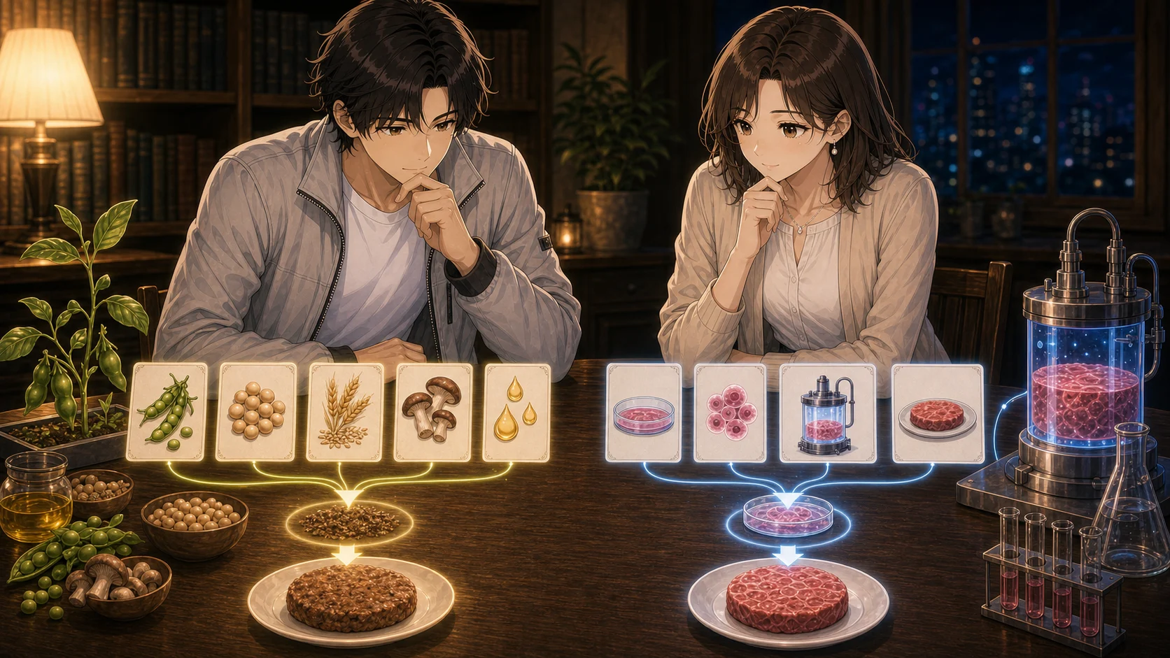 植物肉と培養肉の原材料と作り方を比べる場面