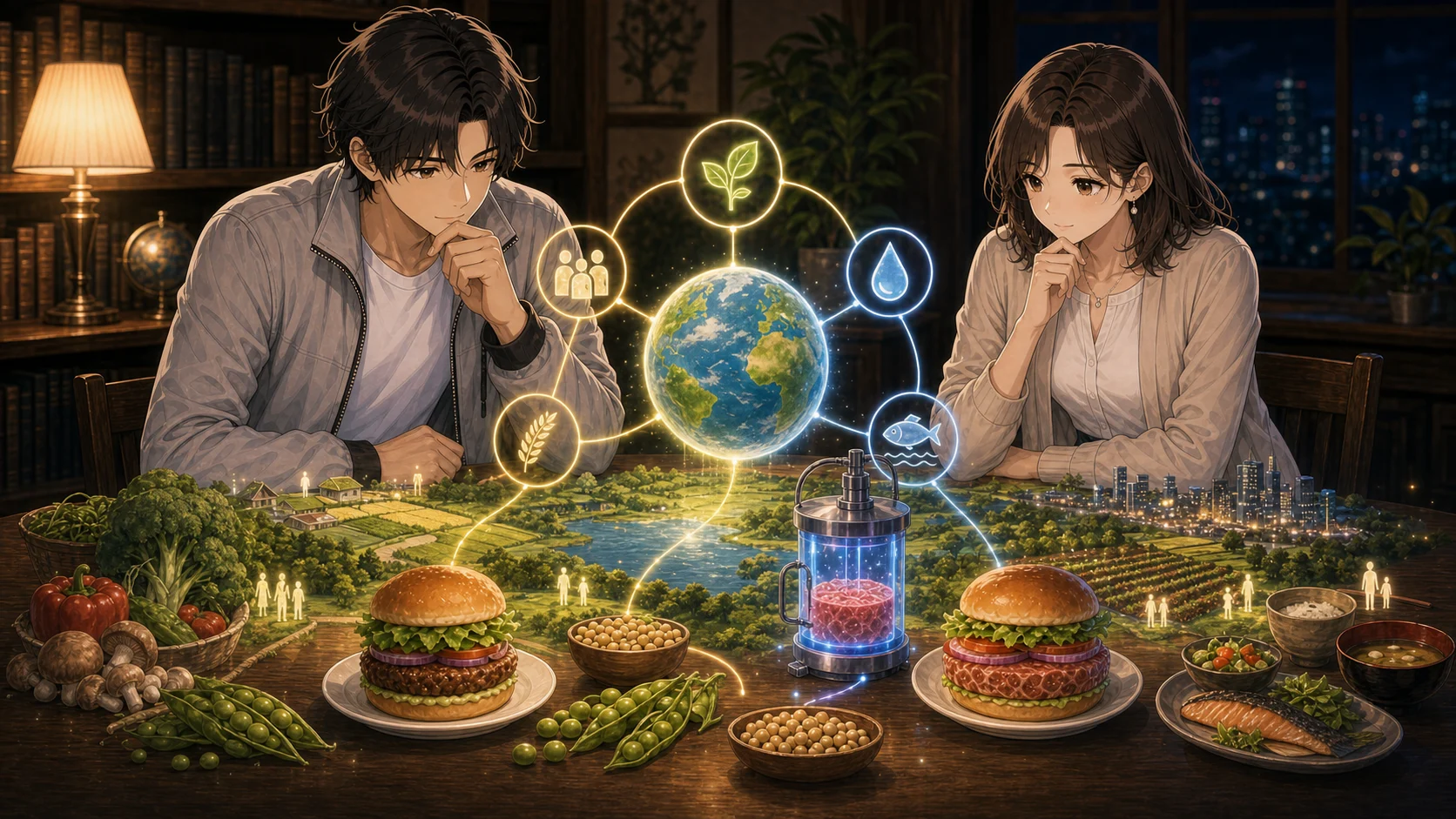 未来の肉と食料問題を考える場面