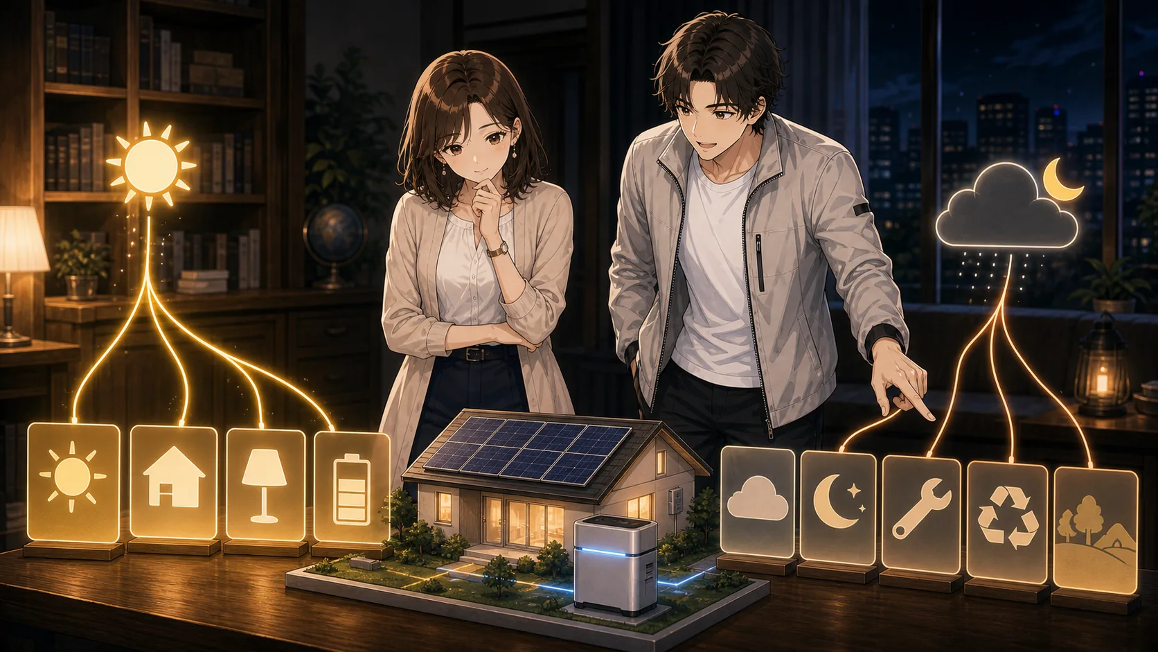 太陽光発電のメリットとデメリットを比べる場面