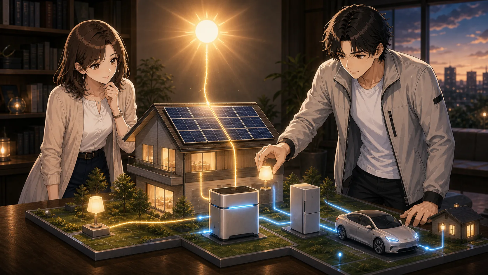 屋根の上の小さな太陽を見つめるミオ